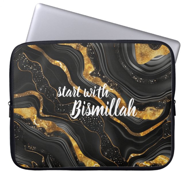 Bismillah Alhamdullilah Gold Black Agate Laptop Sleeve (Front)
