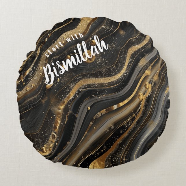 Bismillah Alhamdullilah Gold Black Agate Round Pillow (Front)