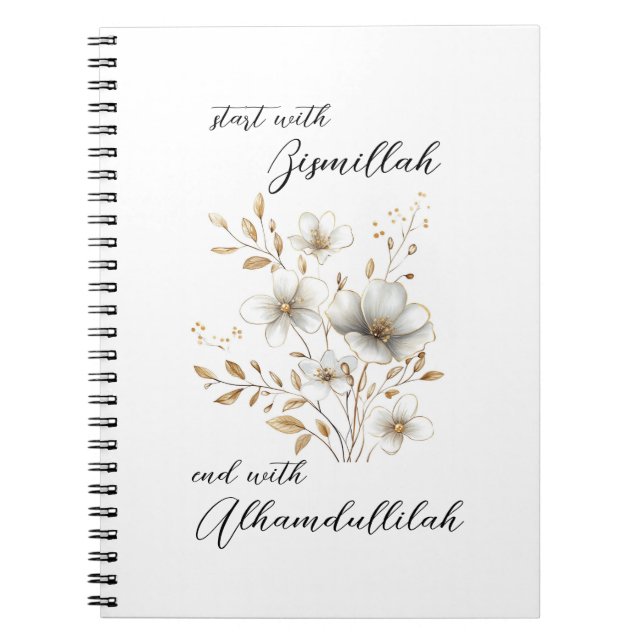 Bismillah Alhamdullilah White Gold Floral Notebook (Front)