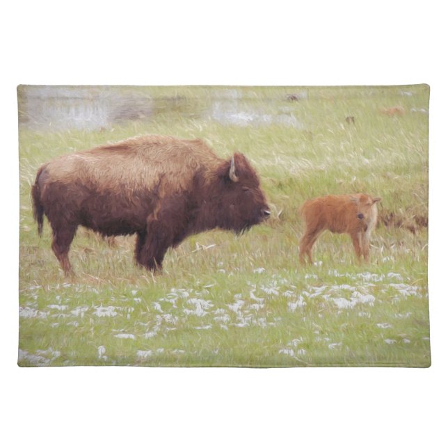Bison and Calf in Yellowstone Cloth Placemat (Front)