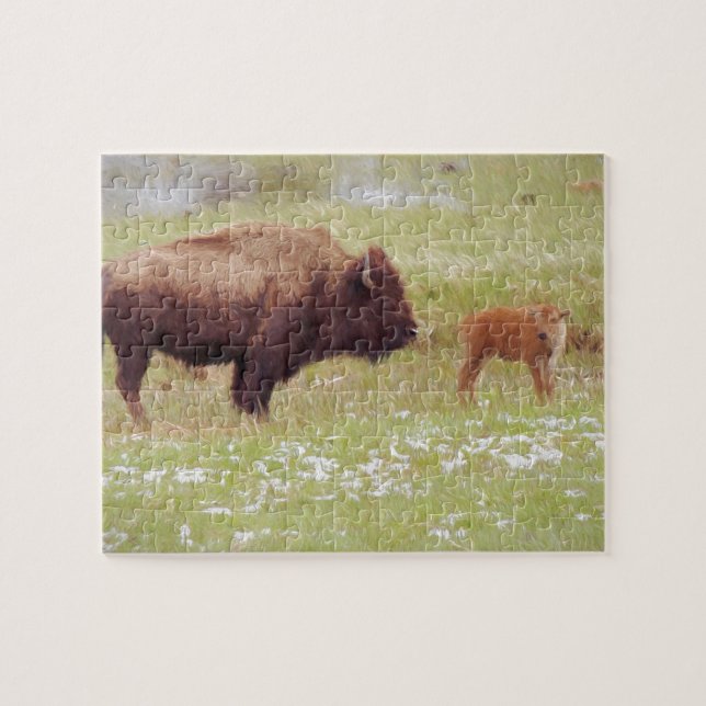 Bison and Calf in Yellowstone Jigsaw Puzzle (Horizontal)