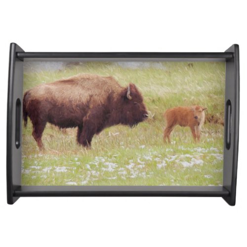 Bison and Calf in Yellowstone National Park Serving Tray