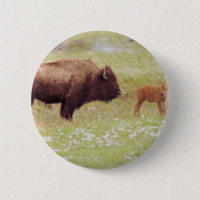 Bison and Calf in Yellowstone Pinback Button (Front)