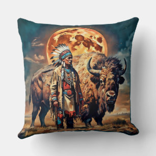 Bison and Native American Chief Throw Pillow