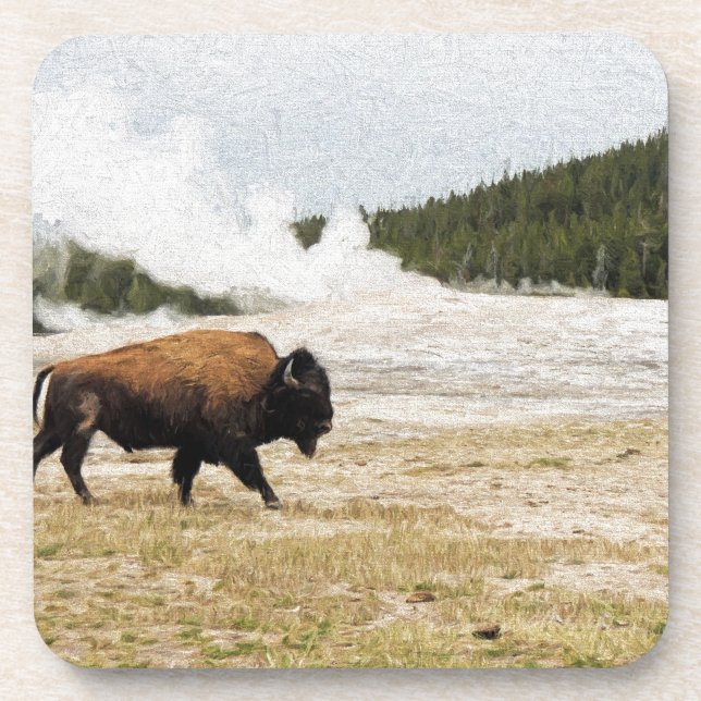Bison and Old Faithful Beverage Coaster (Front)