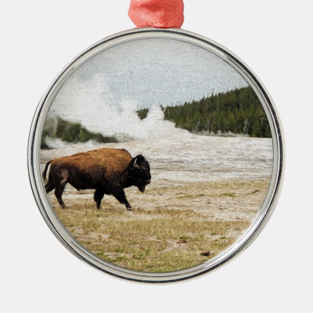 Bison and Old Faithful Metal Ornament (Front)
