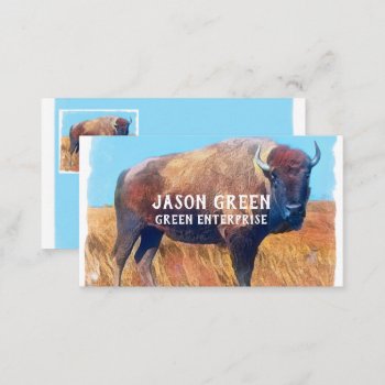 Bison Art On Blue And White Double Sided Custom Business Card by annpowellart at Zazzle