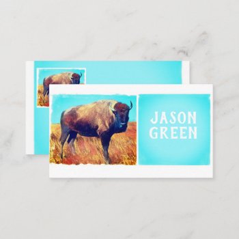 Bison Art On Turquoise And White Bold Double Sided Business Card by annpowellart at Zazzle