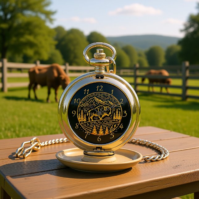 Bison at Sunset in Mountain Landscape Pocket Watch (Creator Uploaded)