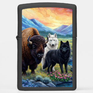 Bison, black and white Wolves mountain landscape Zippo Lighter