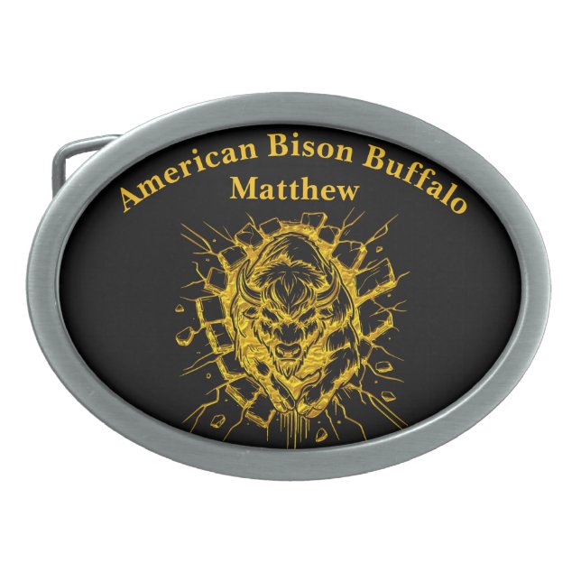 Bison Breaks Through a Wall in a Dynamic Display Belt Buckle (Front)