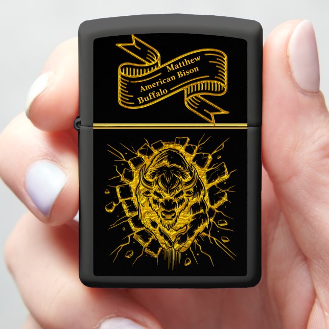Bison Breaks Through a Wall in a Dynamic Display Zippo Lighter (In Hand)
