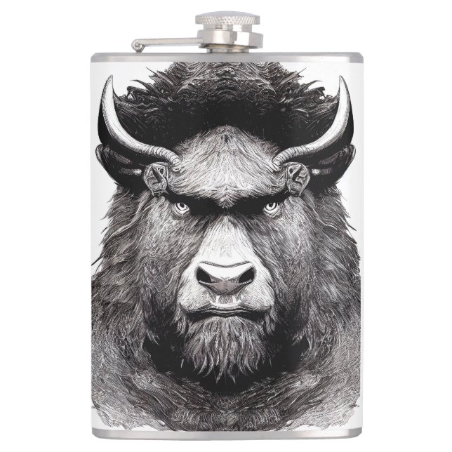 Bison Buffalo Animal Wild Nature Illustration Line Flask (Front)