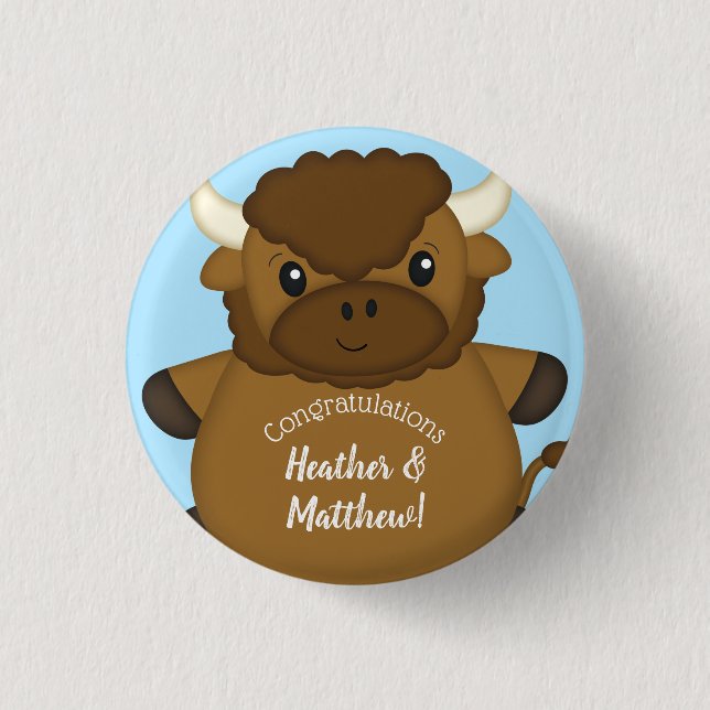 Bison Buffalo Baby Shower Blue Button (Front)