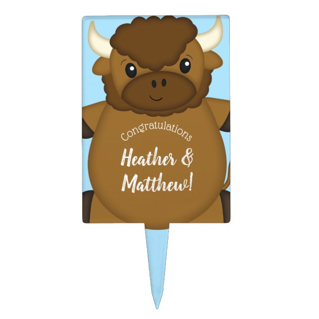 Bison Buffalo Baby Shower Blue Cake Topper (Front)