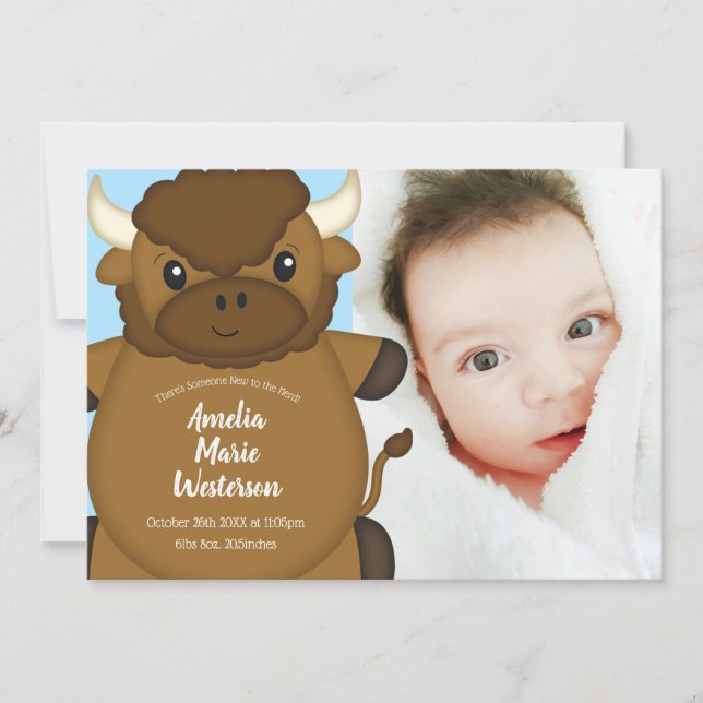 Bison Buffalo Baby Shower Blue Invitation (Front)