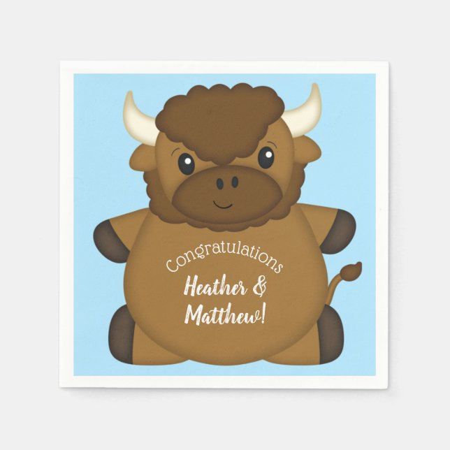 Bison Buffalo Baby Shower Blue Napkins (Front)