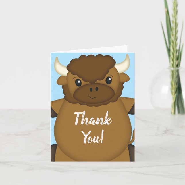 Bison Buffalo Baby Shower Blue Thank You Card (Front)