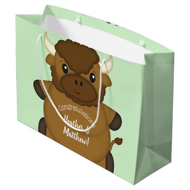 Bison Buffalo Baby Shower Green Large Gift Bag (Back Angled)