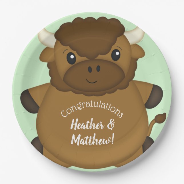 Bison Buffalo Baby Shower Green Paper Plates (Front)