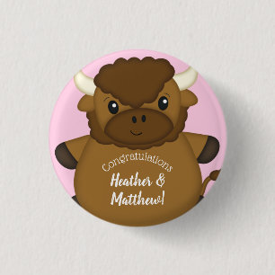 Bison Buffalo Baby Shower Pink Button