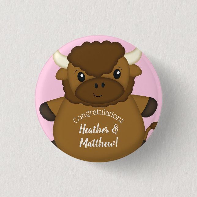 Bison Buffalo Baby Shower Pink Button (Front)