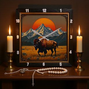 Bison Buffalo Bison at Sunset Square Wall Clock