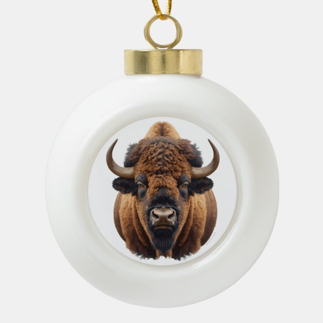 Bison / Buffalo Ceramic Ball Christmas Ornament (Front)