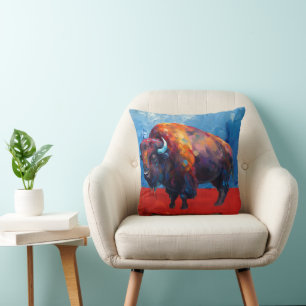 Bison Buffalo Colorful Abstract Modern Painting Throw Pillow