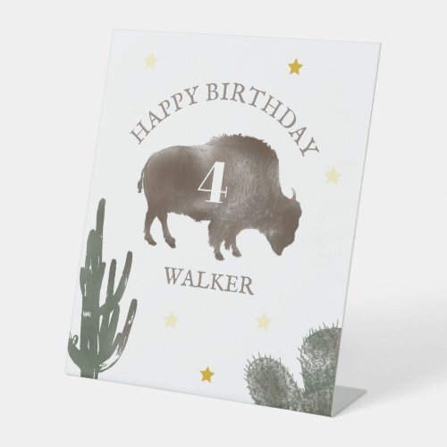 Bison Buffalo Desert Cactus Ranch Western Birthday Pedestal Sign