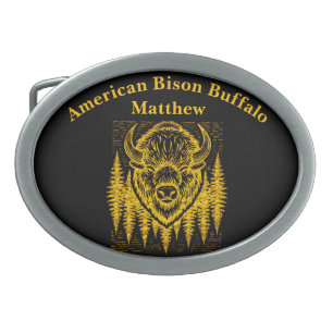 Bison Buffalo Head Illustration Amid Tall Trees Belt Buckle