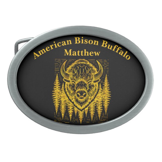 Bison Buffalo Head Illustration Amid Tall Trees Belt Buckle (Front)