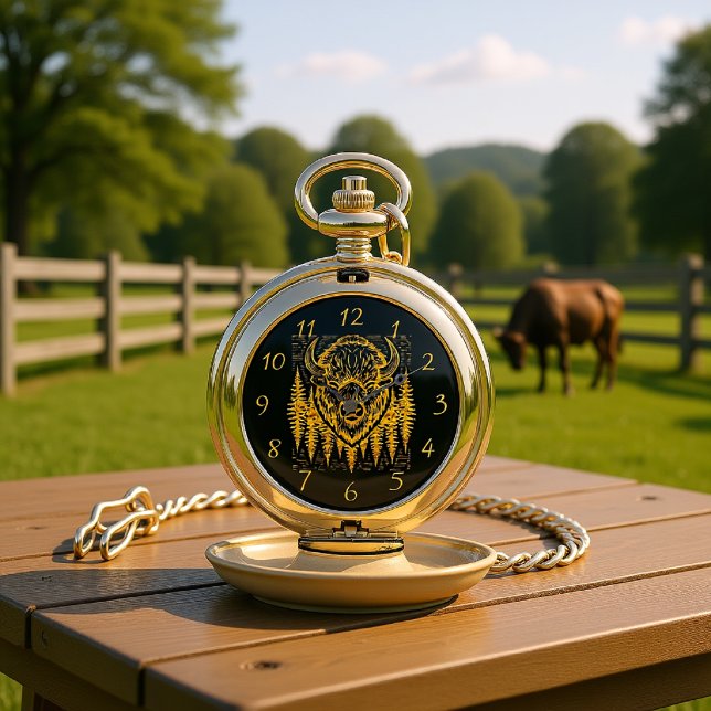 Bison Buffalo Head Illustration Amid Tall Trees Pocket Watch (Creator Uploaded)