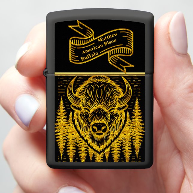 Bison Buffalo Head Illustration Amid Tall Trees Zippo Lighter (In Hand)