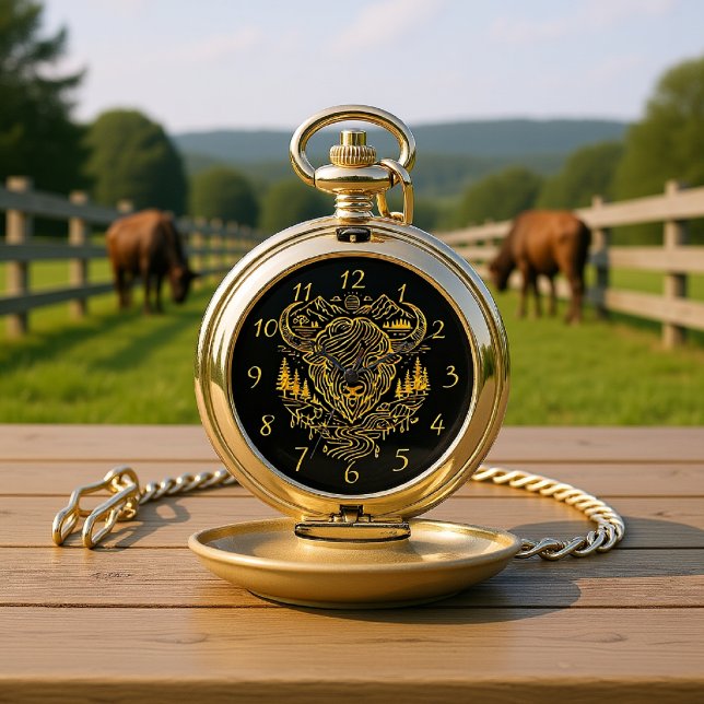 Bison Buffalo Illustration in a Scenic Landscape Pocket Watch (Creator Uploaded)