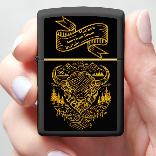 Bison Buffalo Illustration in a Scenic Landscape Zippo Lighter (In Hand)