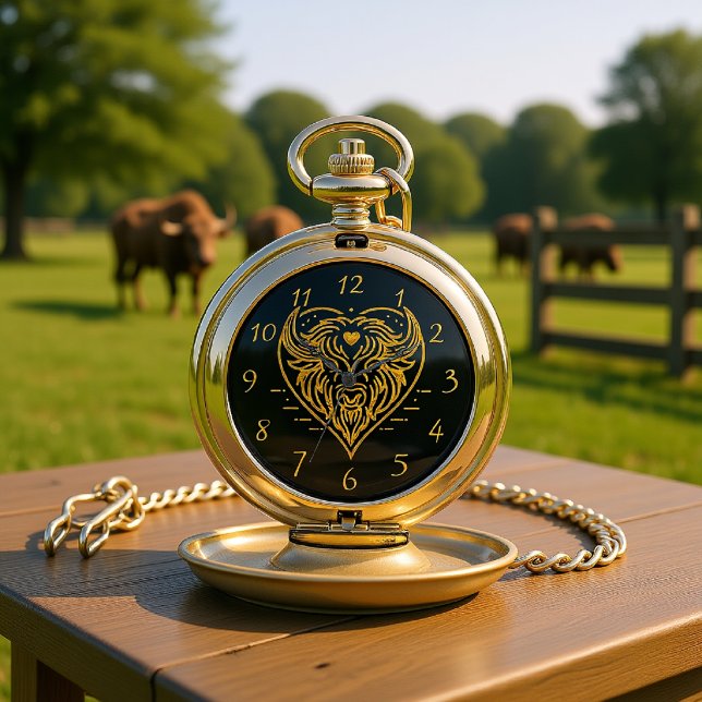 Bison Buffalo Illustration in Heart Shape Design Pocket Watch (Creator Uploaded)