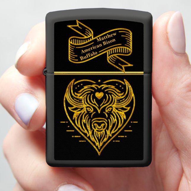 Bison Buffalo Illustration in Heart Shape Design Zippo Lighter (In Hand)