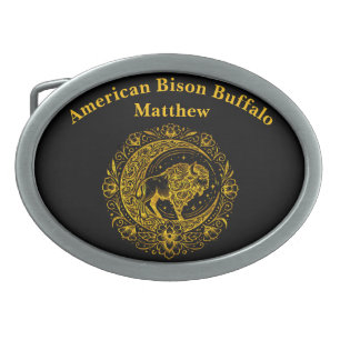 Bison Buffalo in Intricate Floral Design Pattern Belt Buckle