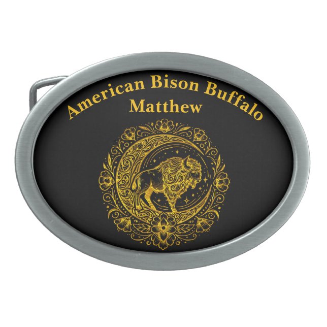 Bison Buffalo in Intricate Floral Design Pattern Belt Buckle (Front)