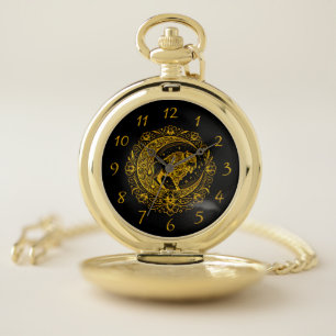 Bison Buffalo in Intricate Floral Design Pattern Pocket Watch
