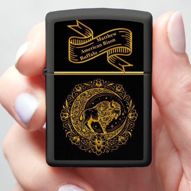 Bison Buffalo in Intricate Floral Design Pattern r Zippo Lighter (In Hand)