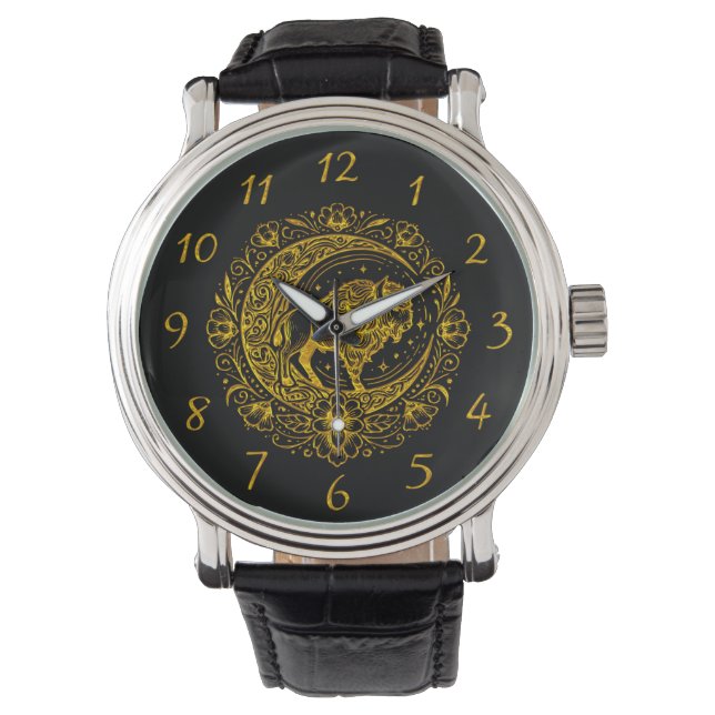 Bison Buffalo in Intricate Floral Design Pattern Watch (Front)