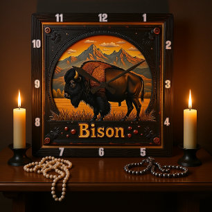 Bison Buffalo Mountain Bison Sunset Square Wall Clock