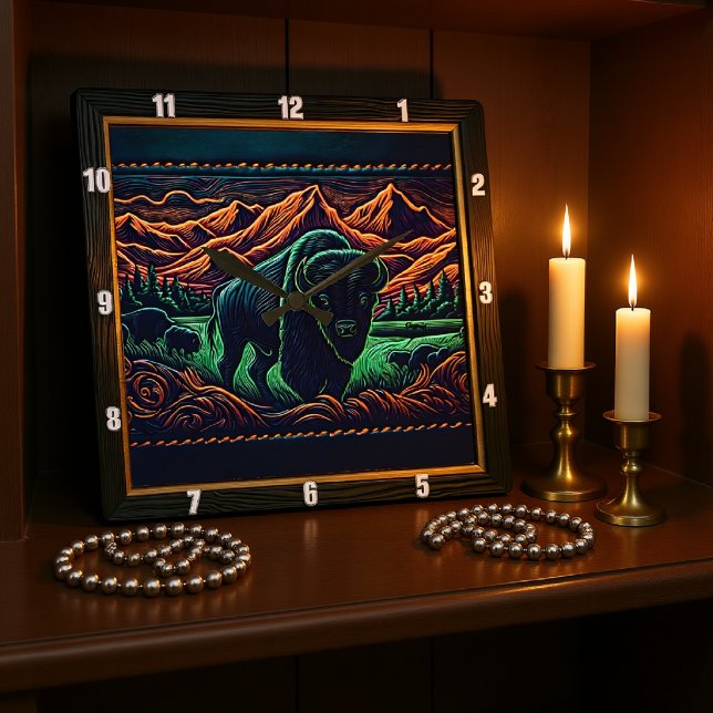 Bison Buffalo Neon Bison Square Wall Clock (Creator Uploaded)