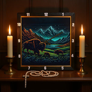 Bison Buffalo Night Bison Journey Square Wall Clock