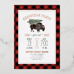 Bison Buffalo Plaid Christmas Tree Holiday Party Foil Invitation