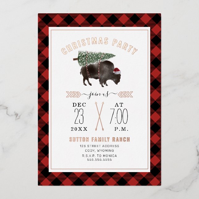 Bison Buffalo Plaid Christmas Tree Holiday Party Foil Invitation (Front)