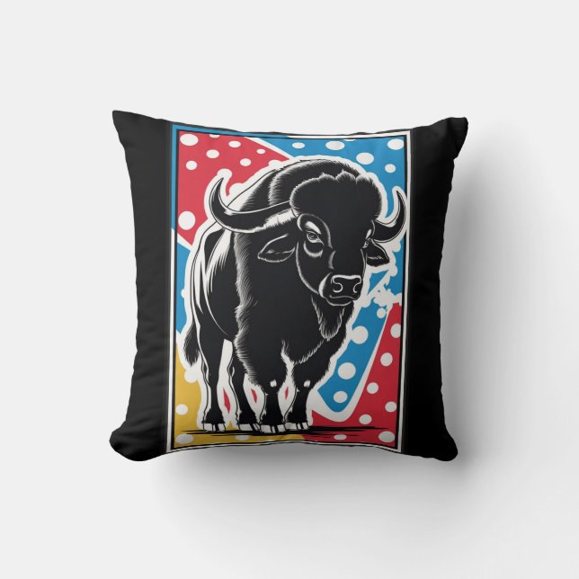 Bison - Buffalo Pop Art Vintage Retro Throw Pillow (Front)