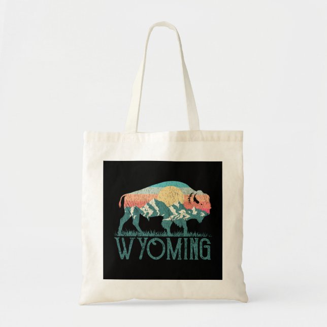 Bison Buffalo Retro Mountains WY Wyoming Long Slee Tote Bag (Front)